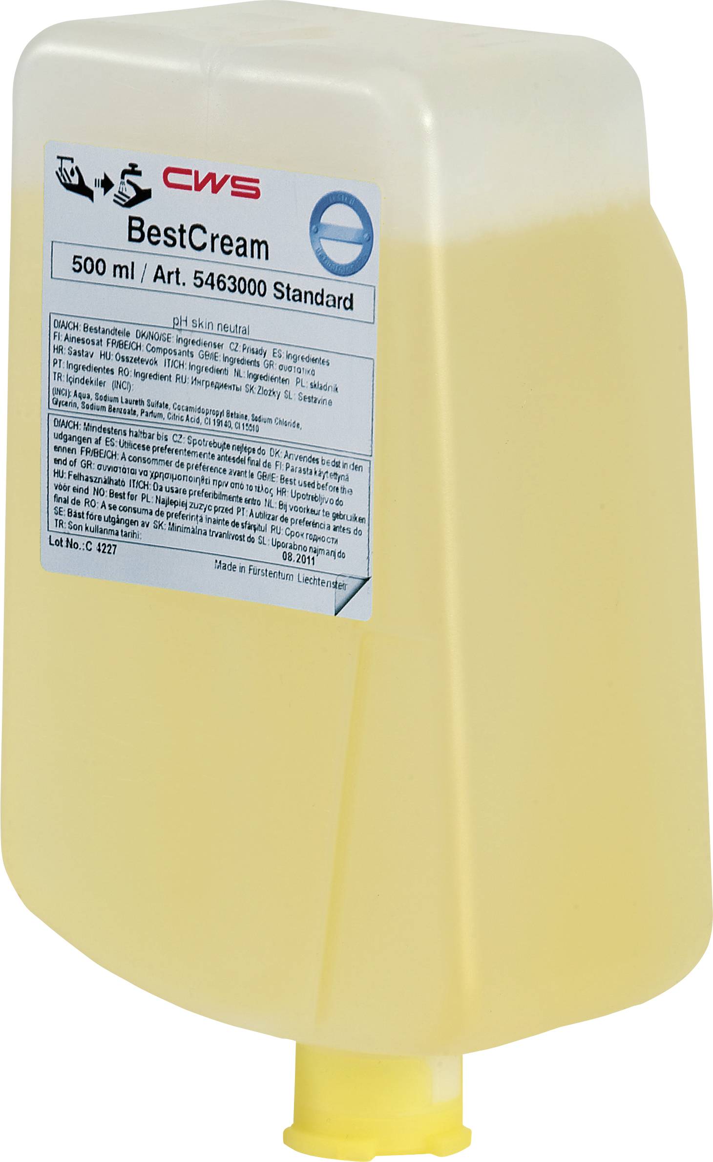 Plastična boca od 500 ml CWS BestCream, broj artikla 5463000, standardna varijanta. Naljepnica s informacijama o proizvodu na prednjoj strani.