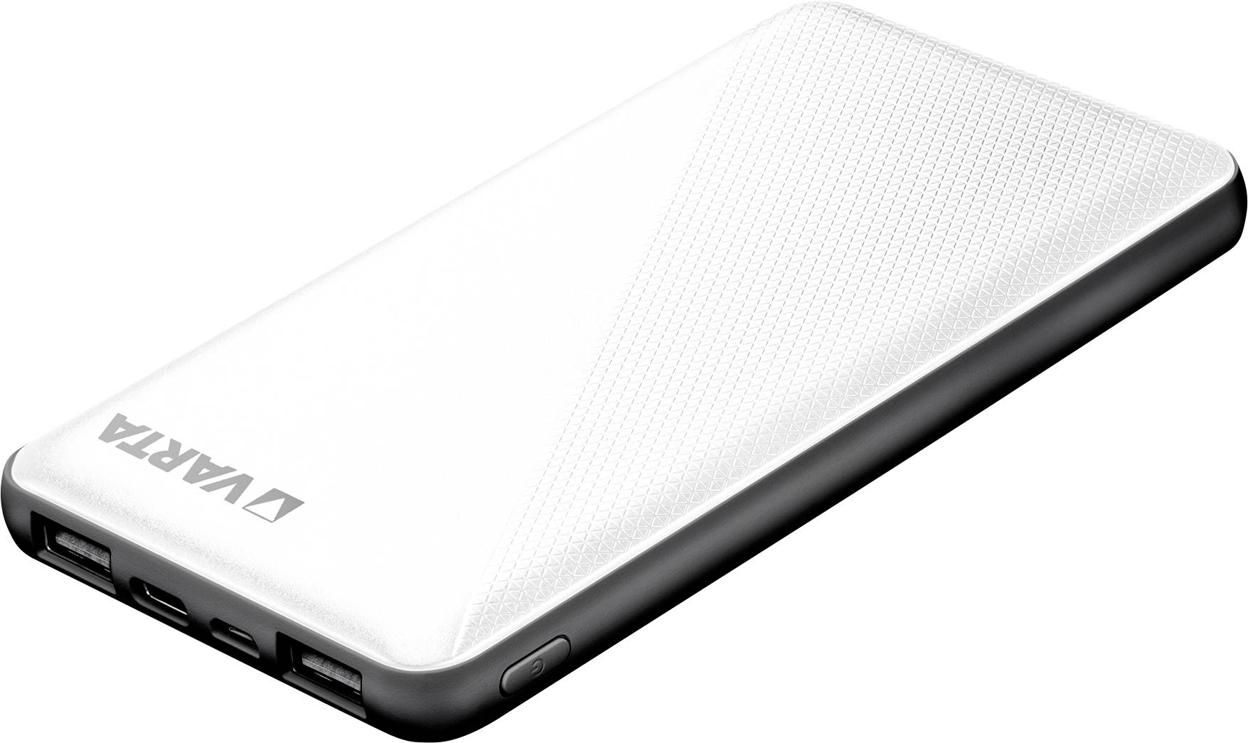 Bijeli powerbank od Varte, elegantnog dizajna s crnim rubom i više USB priključaka.