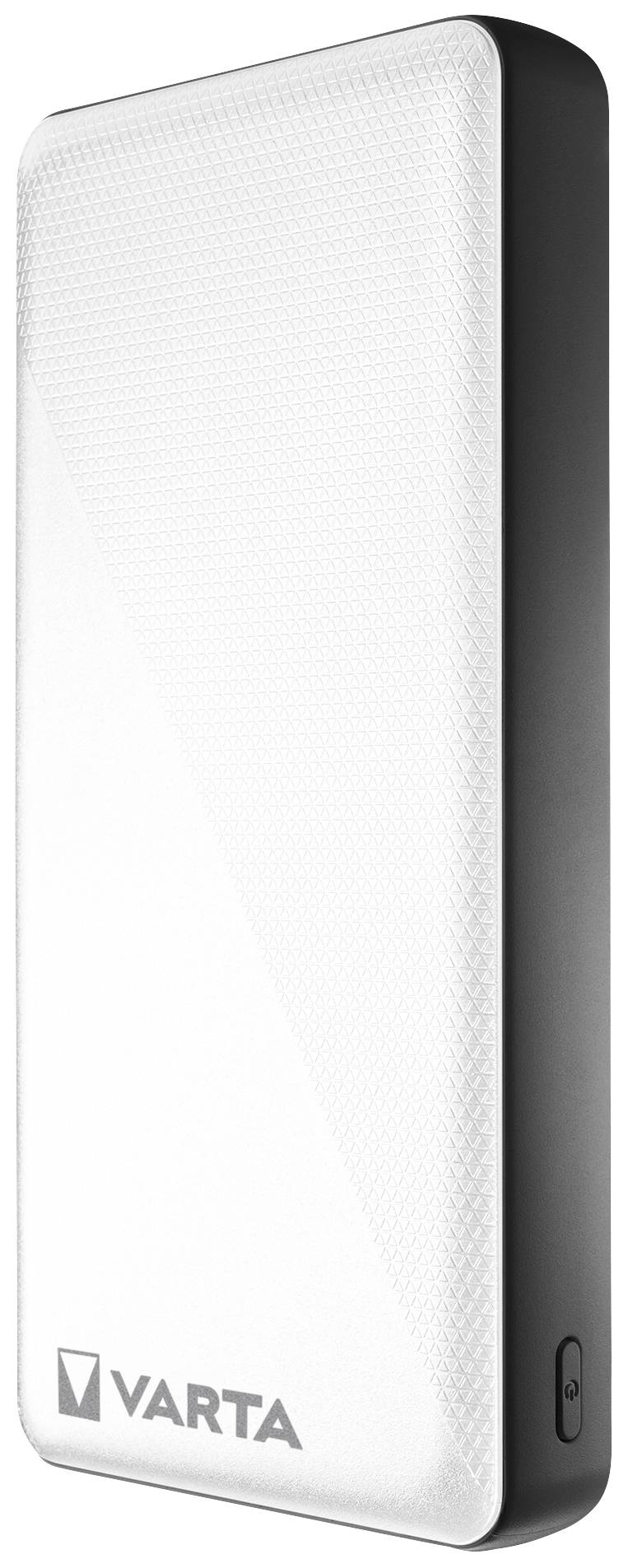 Bijeli VARTA power bank zaobljenih rubova s logotipom smještenim u donjem lijevom kutu. Ima tipku sa strane.
