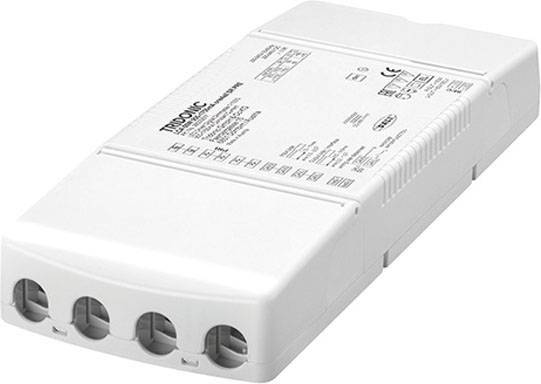 Pravokutni, bijeli elektronički uređaj s više priključaka na jednoj strani. Na njemu su otisnute tehničke informacije.