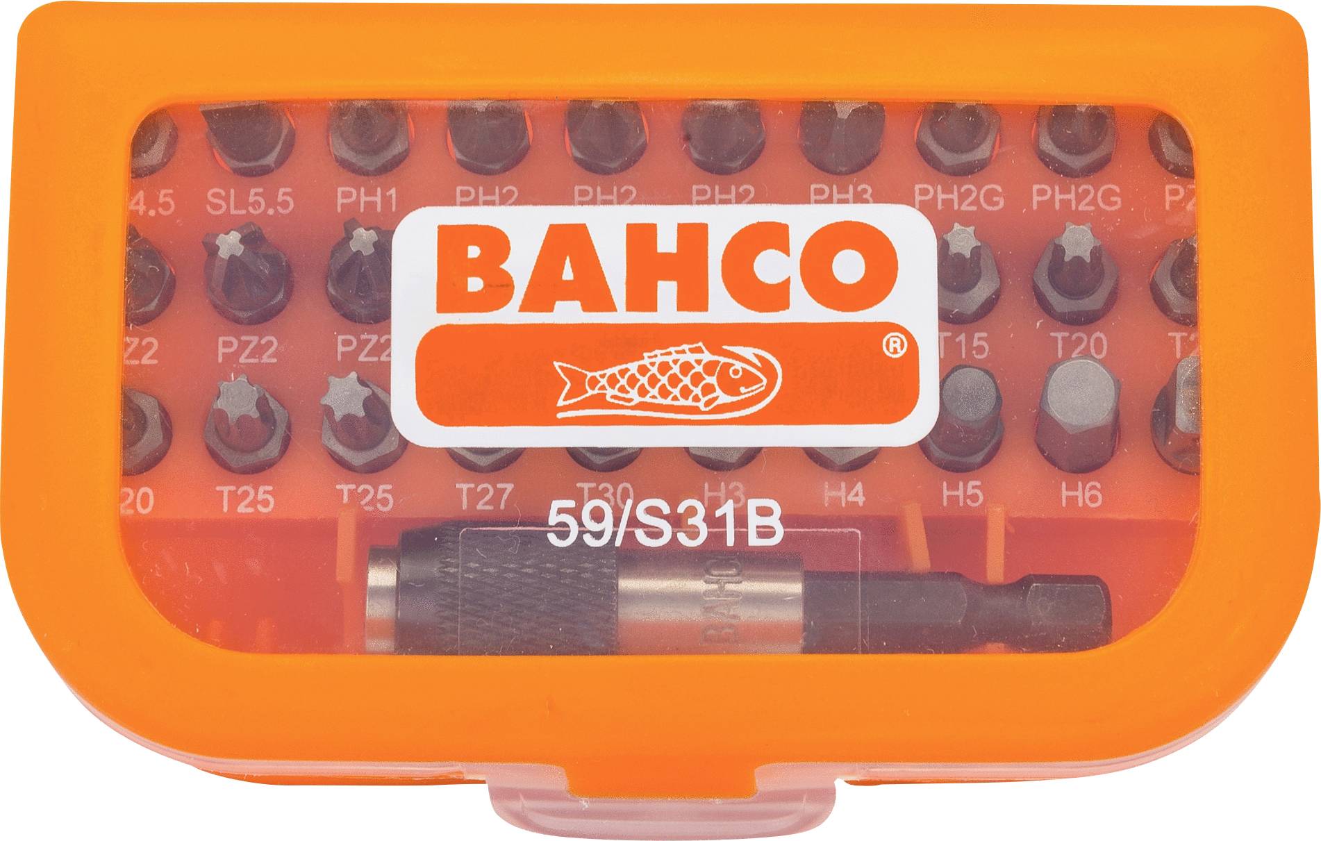Narančasta kutija s različitim nastavcima za odvijač i ručkom, označena logotipom 'BAHCO' i ribljim znakom.