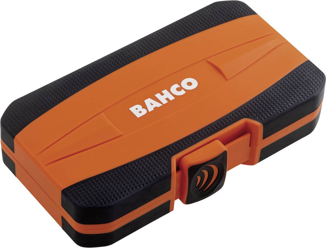 Kutija za alat 'BAHCO', kompaktna i pravokutna, u uočljivoj narančastoj i crnoj boji.