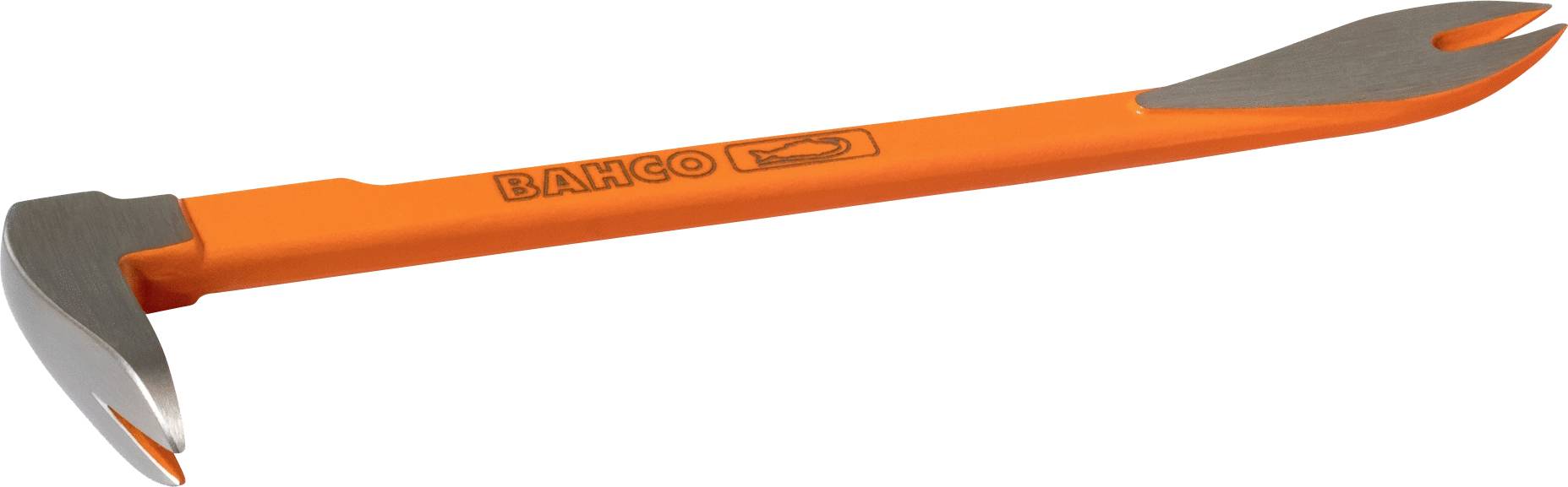 Narančasta crowbar (poluga za čupanje) tvrtke Bahco sa srebrnim krajevima, koja ima zakrivljena oštrica na oba kraja, pogodna za polugu i izvlačenje čavala.