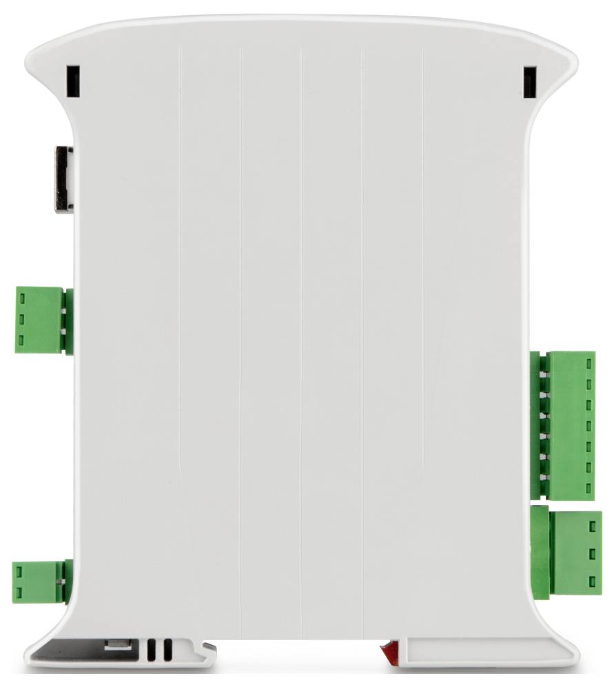 Sivi, pravokutni plastični kućišt s zelenim konektorima sa strana, vjerojatno neki tehnički uređaj.