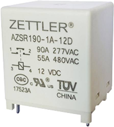 Bijeli relej s natpisom Zettler AZSR190-1A-12D. Specifikacije: 90A 277VAC, 55A 480VAC, 12VDC. TÜV-testiran, izrađen u Kini.