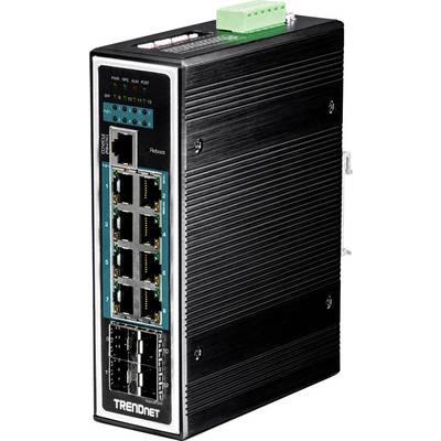 Crni Ethernet switch tvrtke TRENDnet s osam RJ-45 priključaka i dva SFP utora, pogodan za industrijske primjene.
