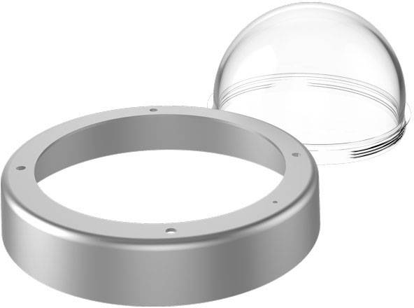 Prozirni plastični poklopac kupole i srebrni metalni prsten koji se oba mogu koristiti za montažu.
