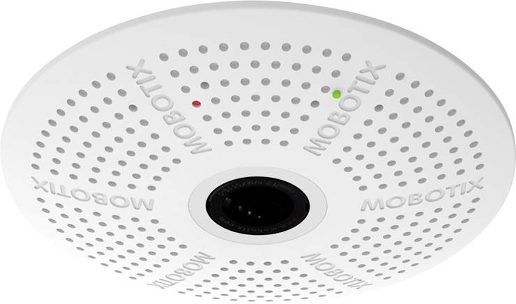 Kružna nadzorna kamera tvrtke Mobotix s centralnim objektivom i mikrofonom. Dvije LED indikacije, crvena i zelena, na površini.