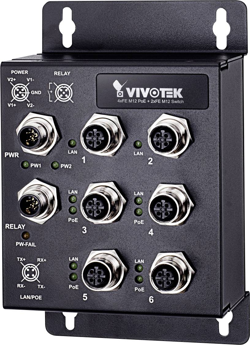 Industrijski PoE Switch s 6 Ethernet porta, LED indikatorima za napajanje i PoE status, robusno metalno kućište, vidljiv naziv marke.