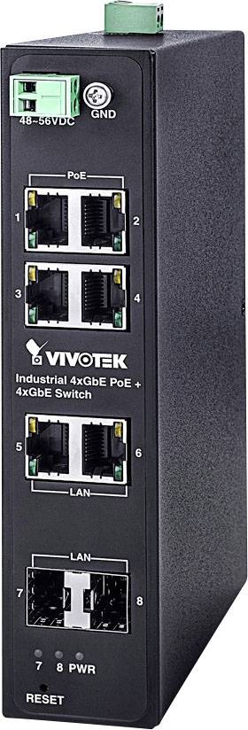Crni industrijski 4xGbE PoE+ switch od Vivoteka s višestrukim Ethernet priključcima i gumbom za resetiranje, namijenjen mrežama.