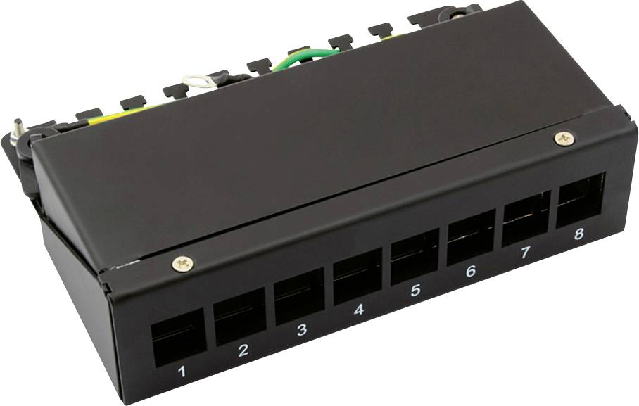 Crni mrežni patch panel s osam numeriranih RJ45 priključaka, pogodan za kabelske spojeve u mrežnim instalacijama.