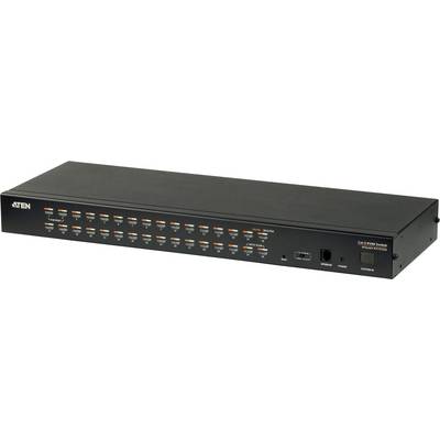 16-portni KVM preklopnik od ATEN-a. Prednja strana prikazuje 16 narančasto označenih priključaka za povezivanje računala.