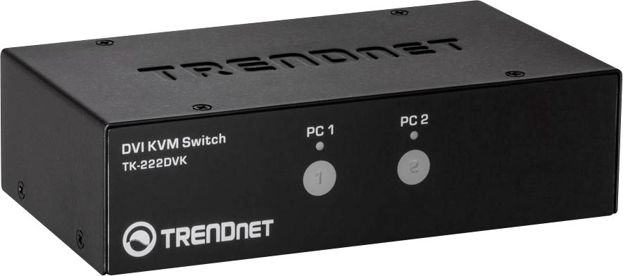 Crni TRENDnet DVI KVM preklopnik, model TK-222DVK, s dvije tipke za 'PC 1' i 'PC 2' na prednjoj strani.
