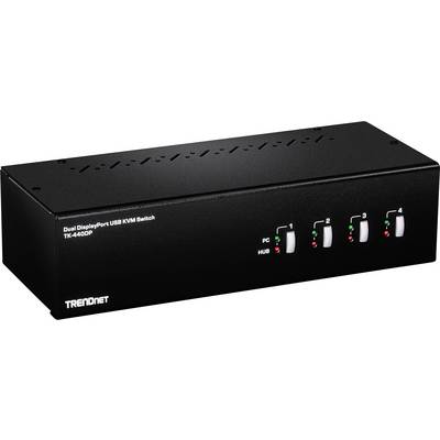 'Trendnet Dual DisplayPort USB KVM-Switch TK-440DP' prikazuje četiri numerirana preklopnika s LED indikatorima za upravljanje više računala.