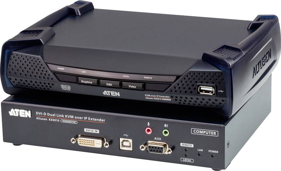 KVM produživač tvrtke ATEN, model Altusen KE6910, s različitim priključcima sprijeda i straga, uključujući DVI-D i USB.