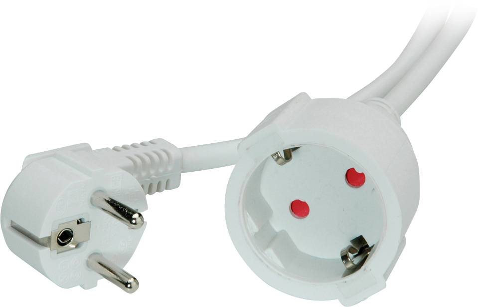 Bijeli produžni kabel sa Schuko utikačem i utičnicom, na bijeloj pozadini.