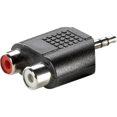 Crni audio-adapter: Utikač od 3,5 mm na dva cinch priključka, jedan crveni i jedan bijeli, za stereo povezivanje.