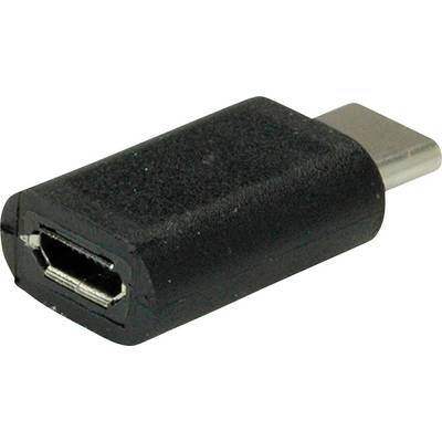 Adapter s Micro-USB-a na USB-C, crn, leži na bijeloj pozadini.