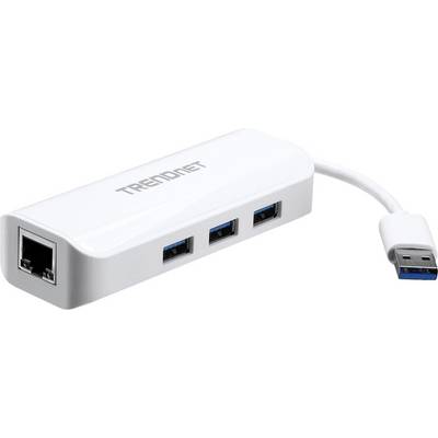 Bijeli USB-hub s tri USB priključka i jednim Ethernet priključkom, spojen USB kabelom. Oznaka 'TRENDnet'.