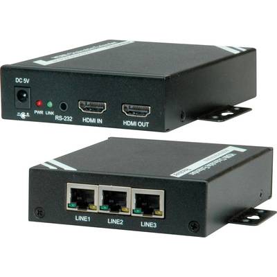 Crni HDMI razvodnik s priključcima: DC 5V, RS-232, HDMI ulaz, HDMI izlaz i tri LAN porta označena kao Linija 1, 2, 3.