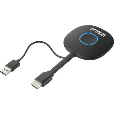 Bežični prezentacijski dongle s HDMI i USB priključcima, crn s plavim prstenom i natpisom 'Speak Professional'.