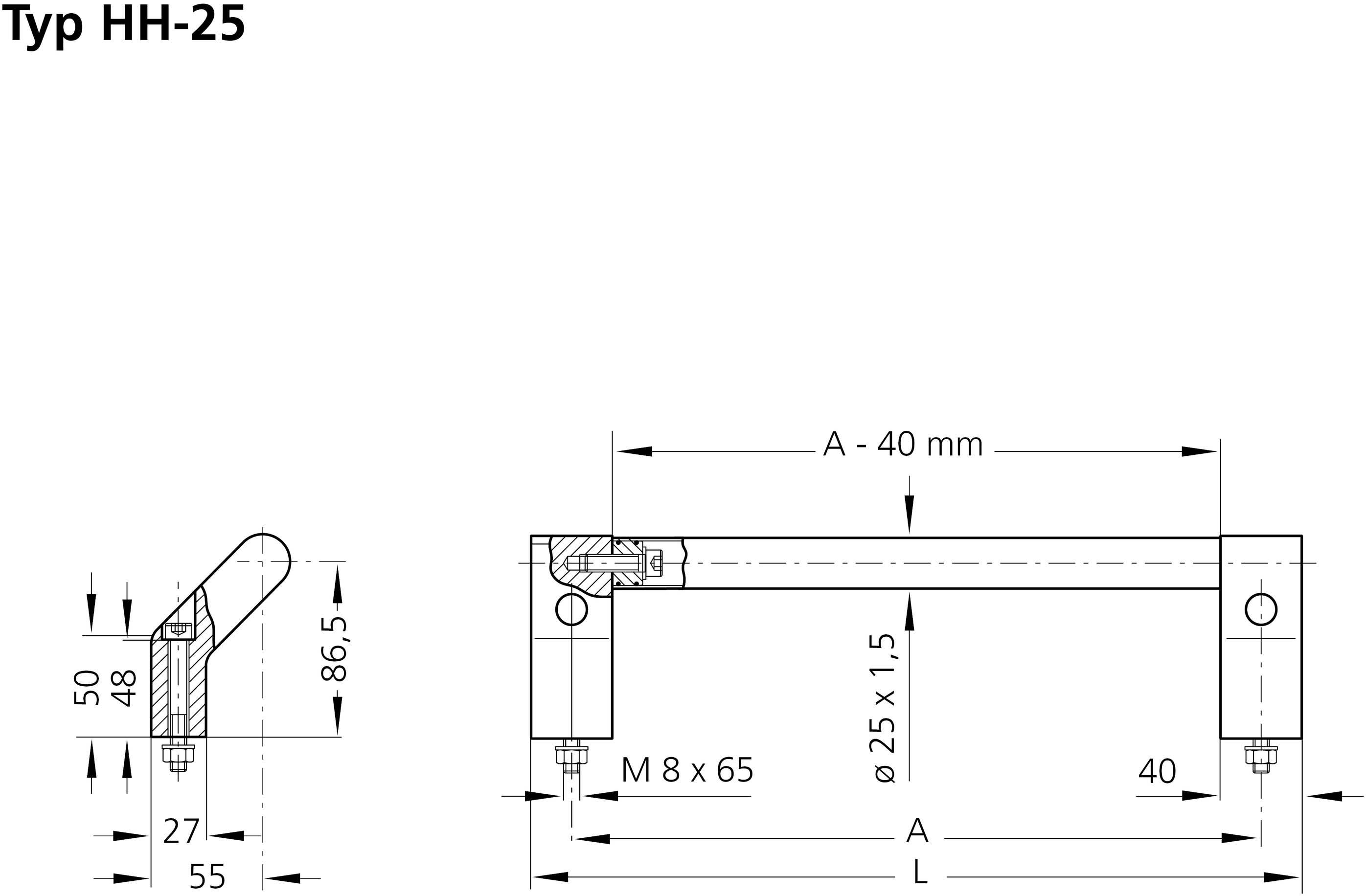 Tehnički nacrt poluge s mjerama: visina 50 mm, duljina promjenjiva od 40 mm, promjer 25 mm. Model tipa HH-25.