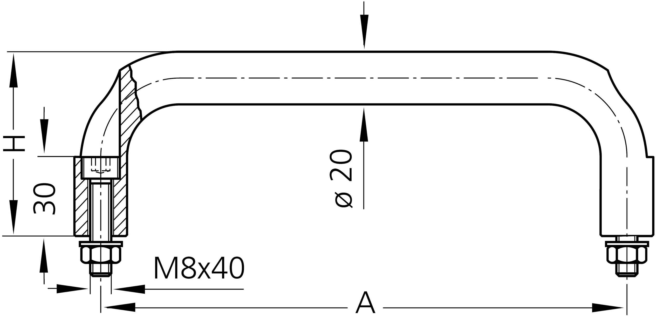 Nacrt metalnog nosača s dimenzijama: visina 30 mm, promjer 20 mm, navoj M8x40.