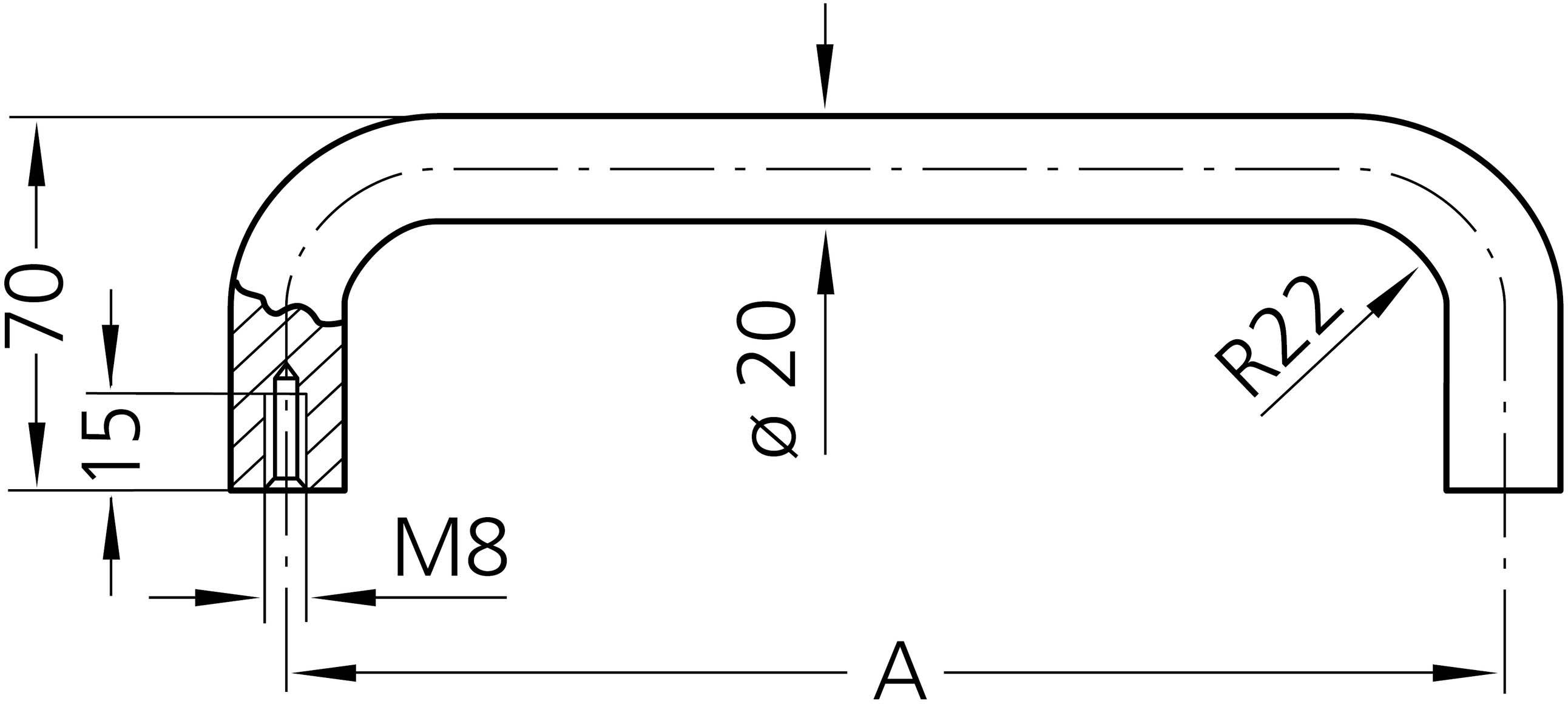 Tehnički nacrt zakrivljene ručke, prikazuje mjere: promjer 20 mm, radijus 22 mm, visina 70 mm, navoj M8.
