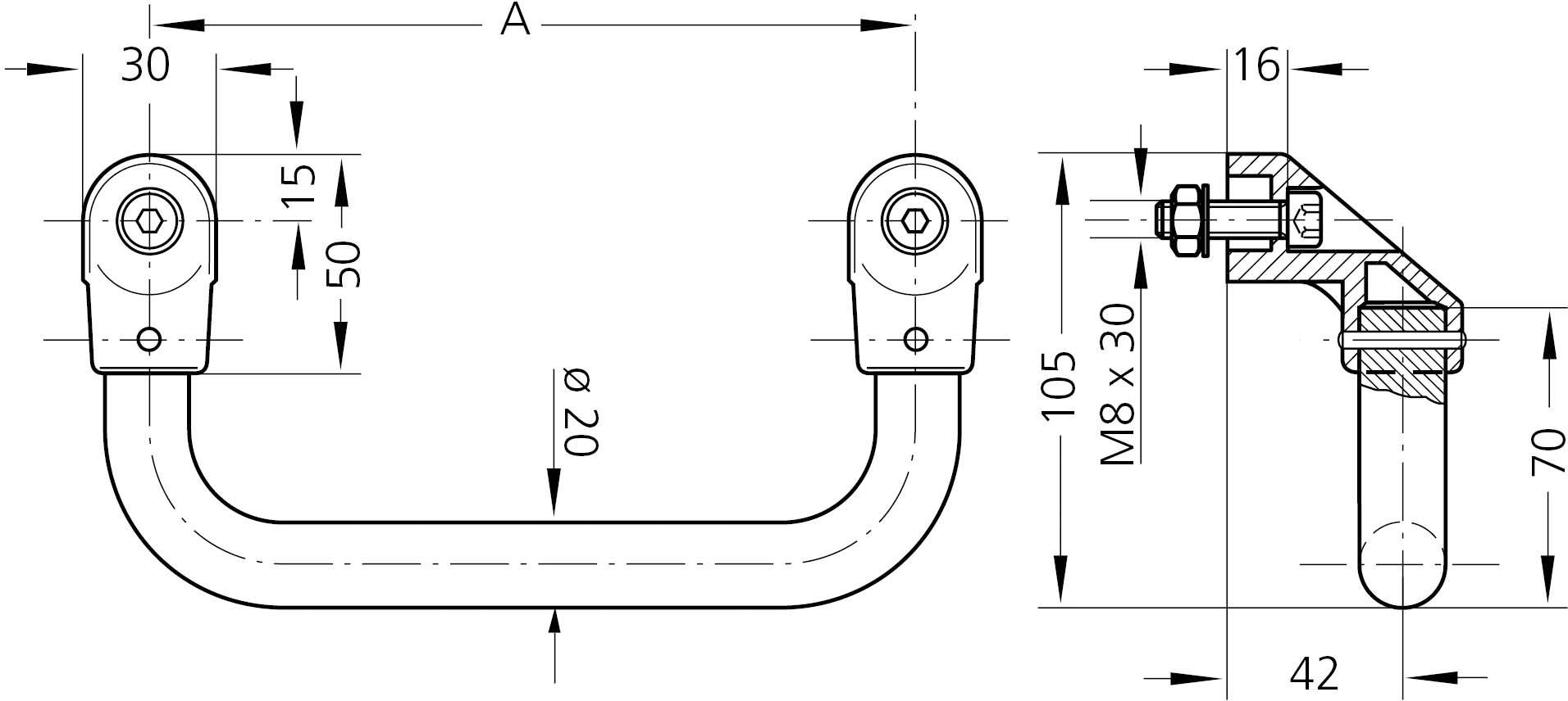 Tehnički nacrt ručke s mjerama: Duljina 105 mm, promjer 20 mm, provrti M8x30, razmak 50 mm, ostali detalji označeni.