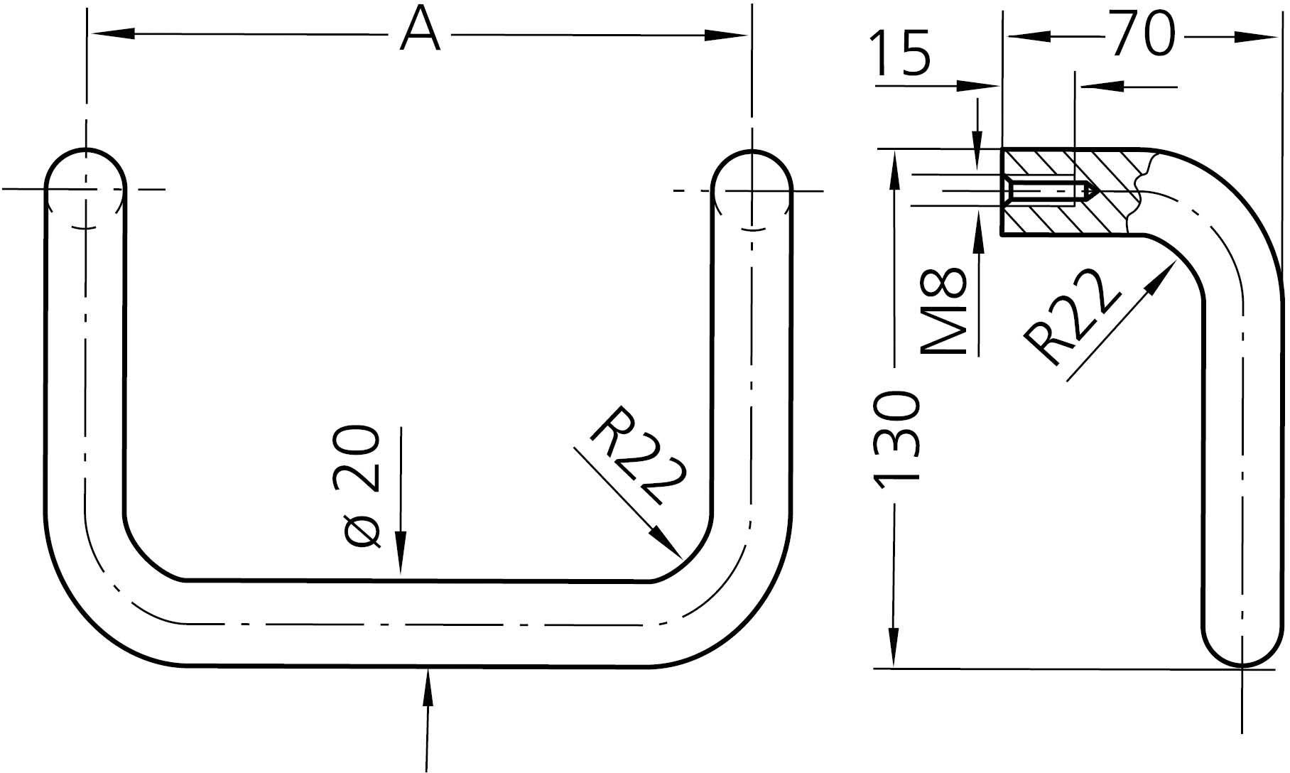 Tehnički nacrt čeličnog nosača s dimenzijama: promjer 20 mm, radijus 22 mm, visina 130 mm, navoj M8, duljina 70 mm.