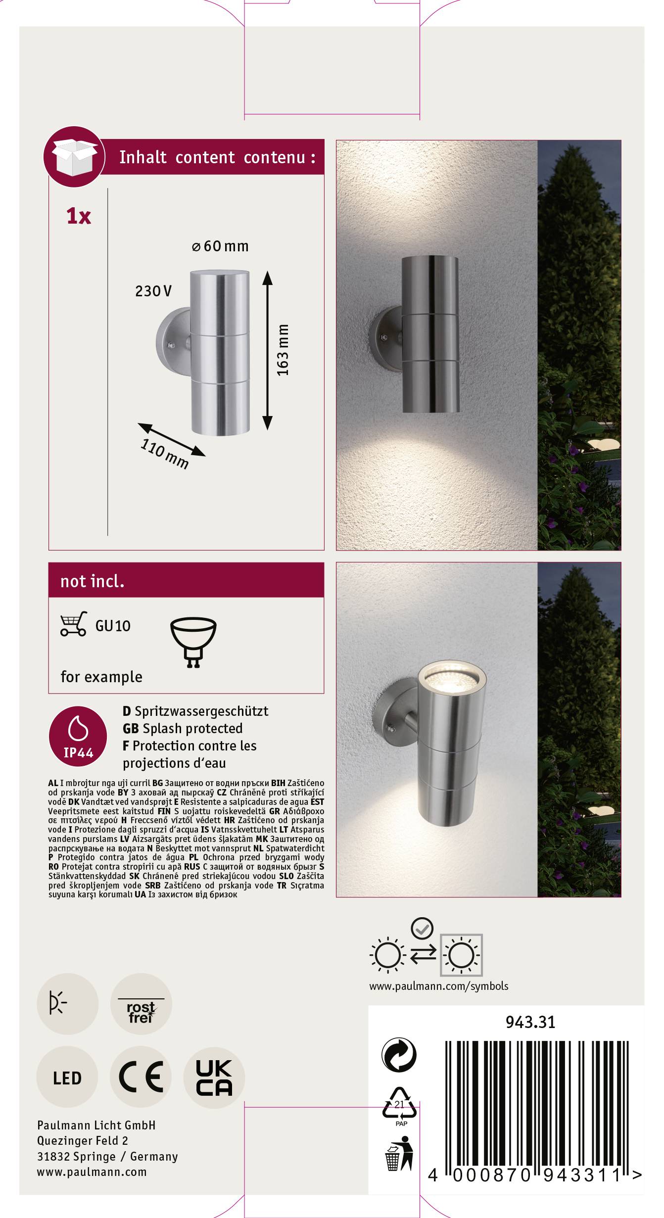Pakiranja vanjske zidne svjetiljke: prikazuje dizajn, veličinu (230V, Ø60 mm, 105 mm), energetski razred učinkovitosti i upute za upotrebu.