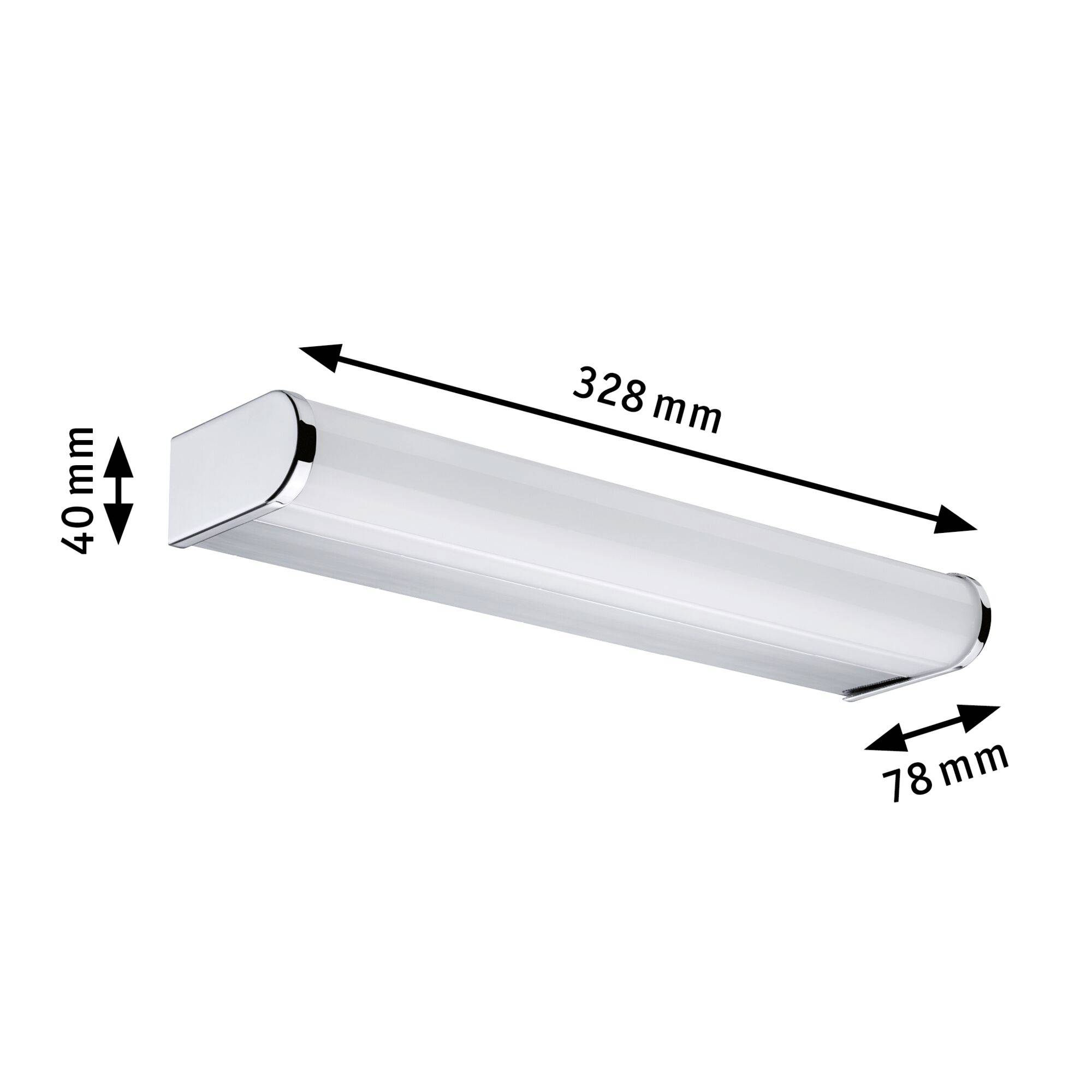 Bijela, pravokutna LED-svjetiljka. Dimenzije: 328 mm duljine, 78 mm širine, 40 mm visine. Crni strelici pokazuju dimenzije.