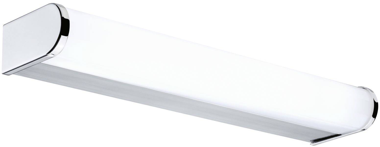 Bijela LED zidna lampa zaobljenih rubova i srebrnim naglascima; modernog i jednostavnog dizajna.
