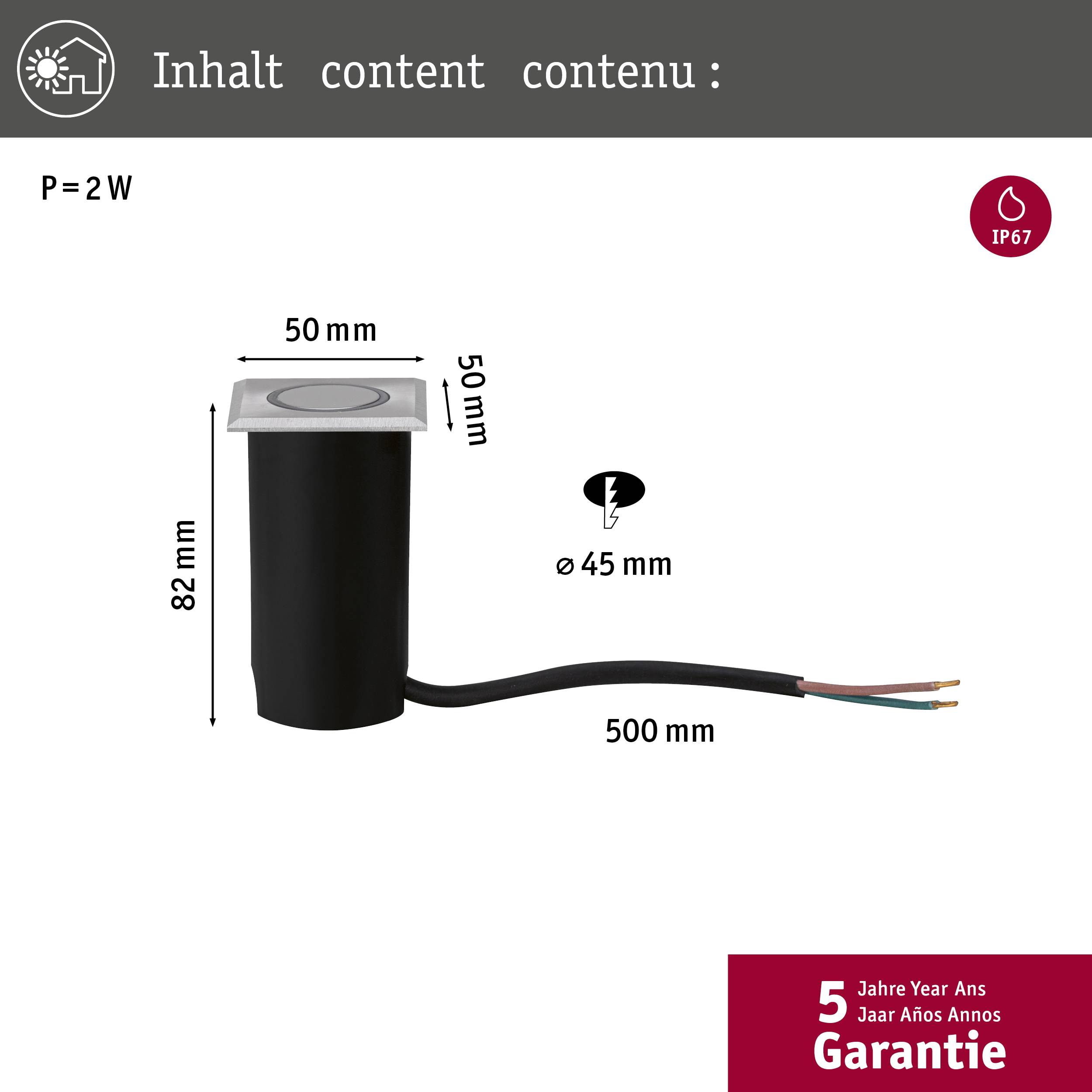 Ugrađena LED svjetiljka dimenzija 82x50x50 mm, vodootporna IP67. Struja: 2 W. Sa 5 godina jamstva.