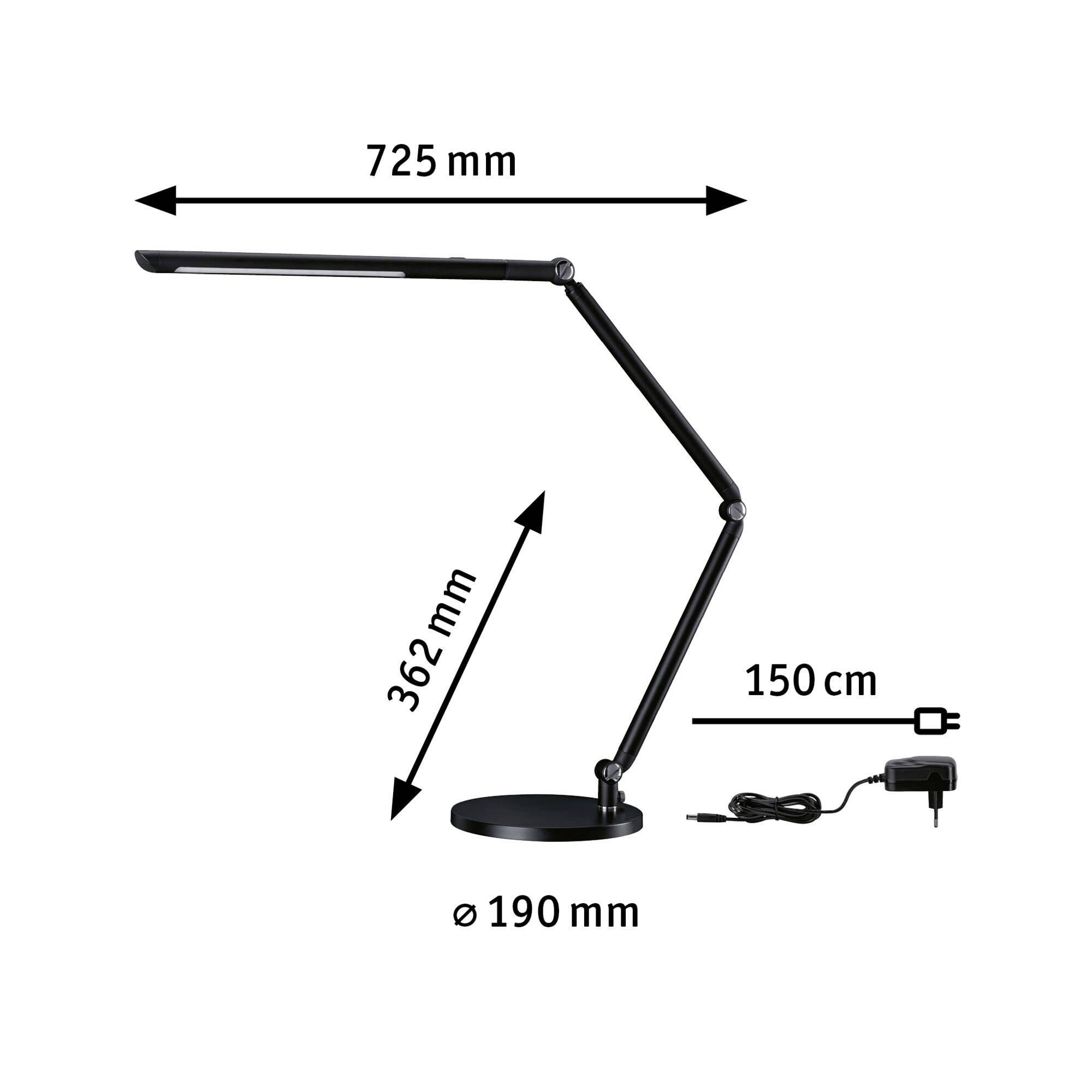 Stolna lampa s tri zgloba: visina 362 mm, doseg 725 mm, promjer postolja 190 mm. Mrežni kabel je 150 cm dug.
