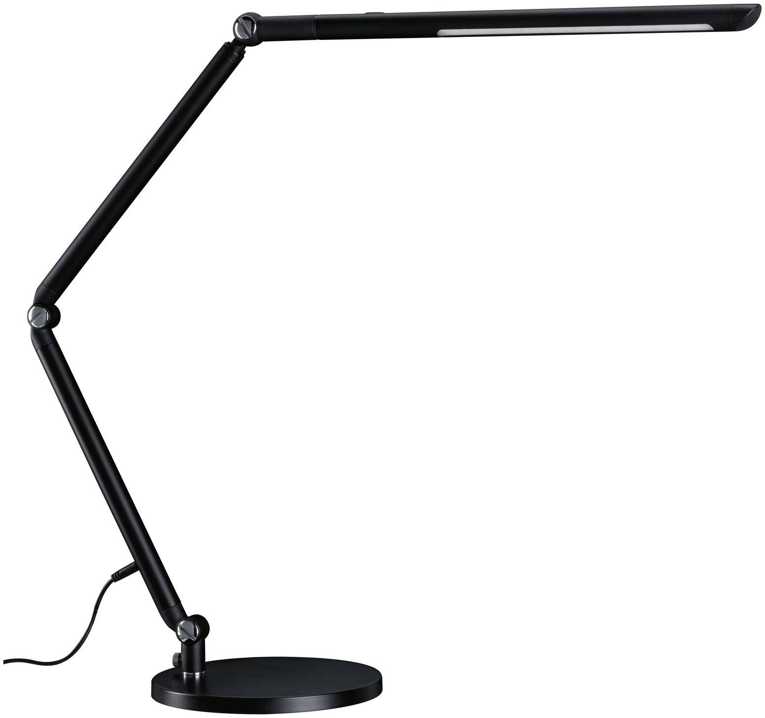 Crna stolna lampa podesivog kraka, okruglog postolja i tankog lampnog glave. Skandinavski dizajn, moderan i minimalistički.