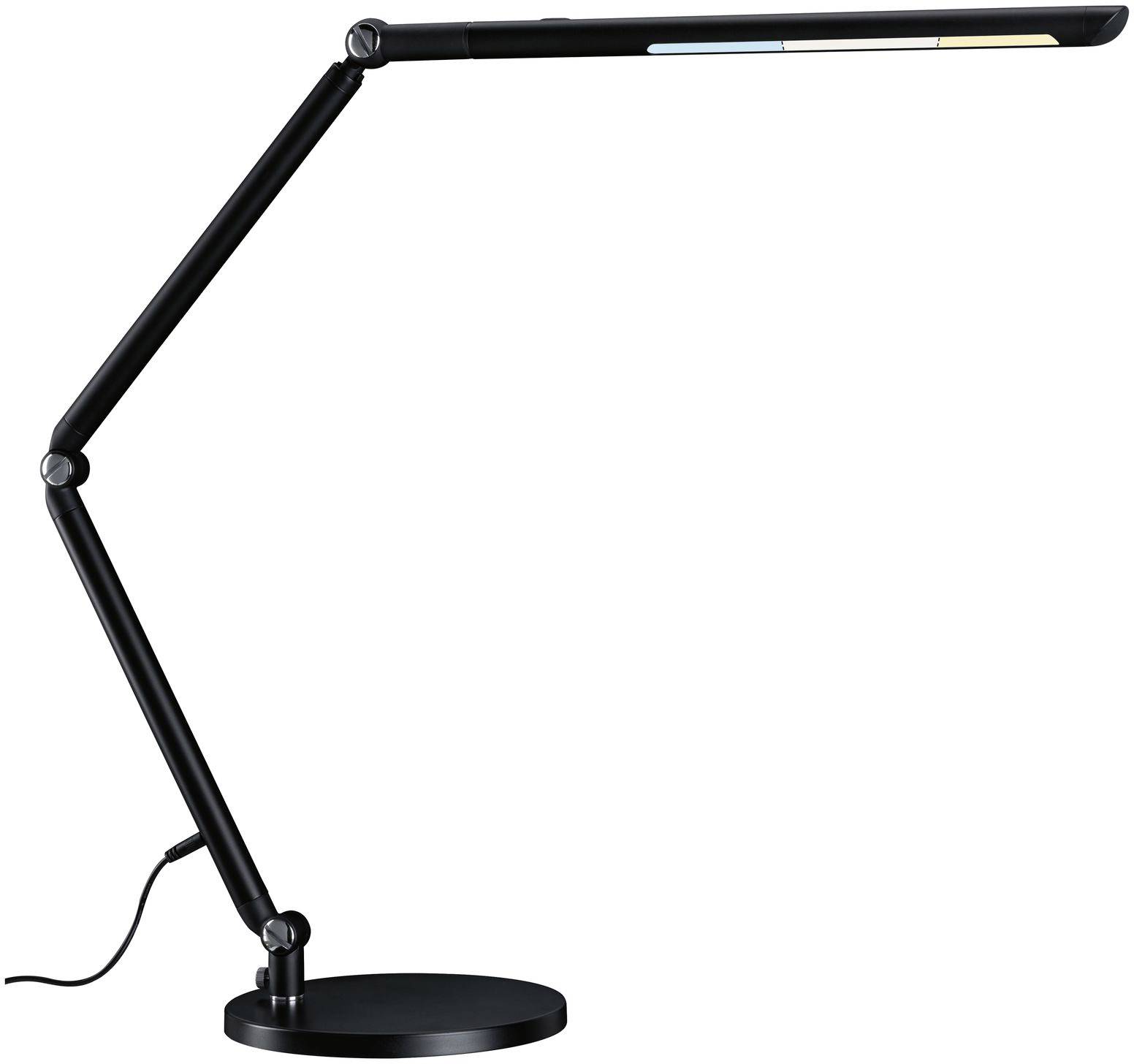 Crna, moderna stolna lampa s podesivom rukom i vitkim dizajnom. Savršena za učinkovit rad i osvjetljenje.