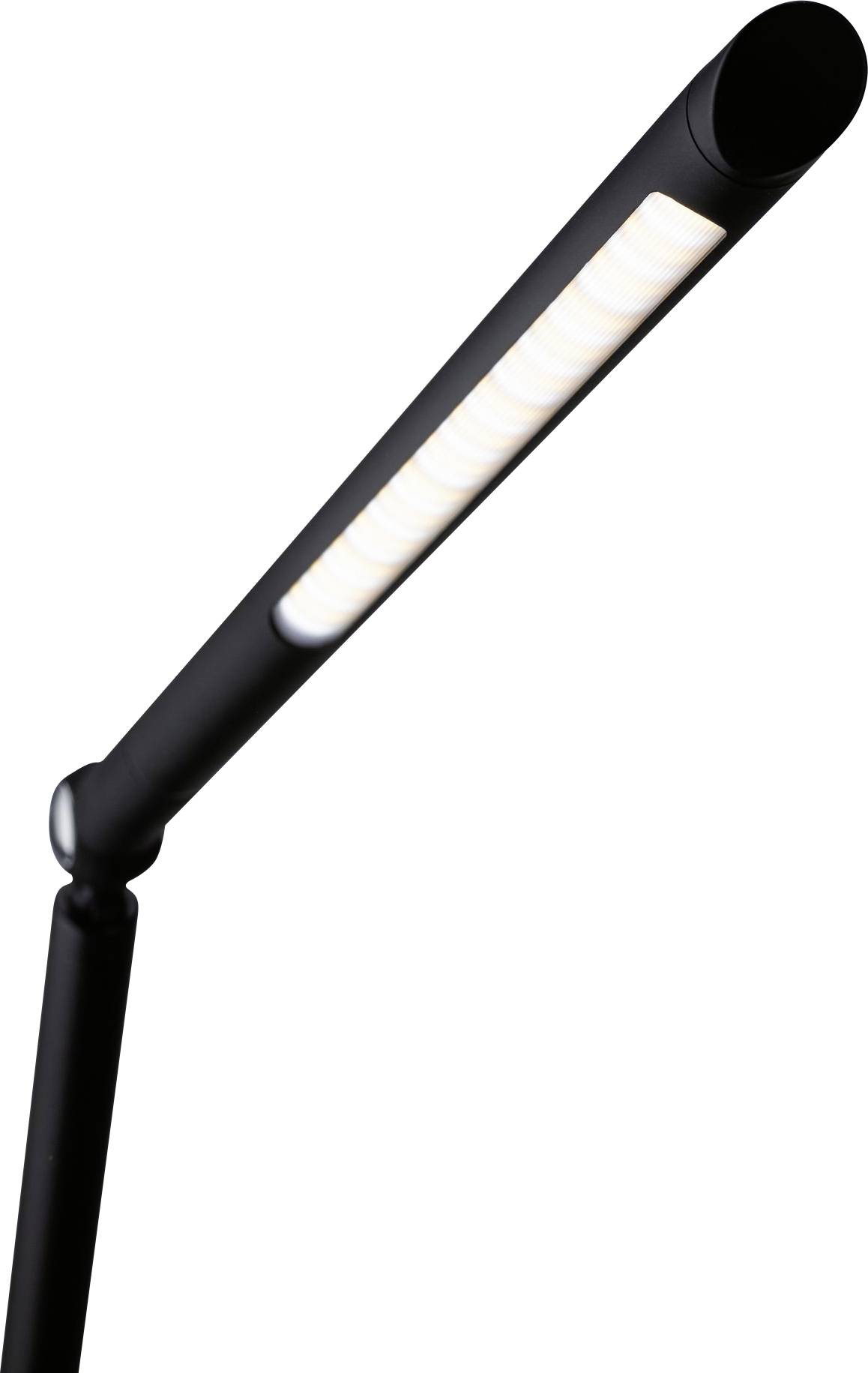 Moderna crna stolna lampa s izduženom glavom za osvjetljenje, blago nagnuta ulijevo.