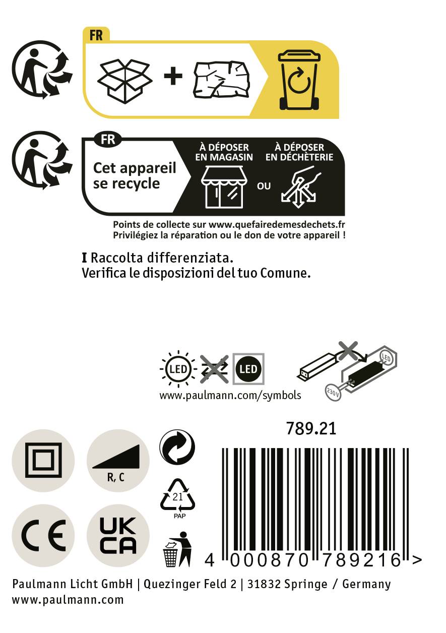 Etiketa s simbolom recikliranja, QR kodom, informacijama o proizvođaču i simbolima energetske učinkovitosti. Tekst na francuskom i talijanskom jeziku.