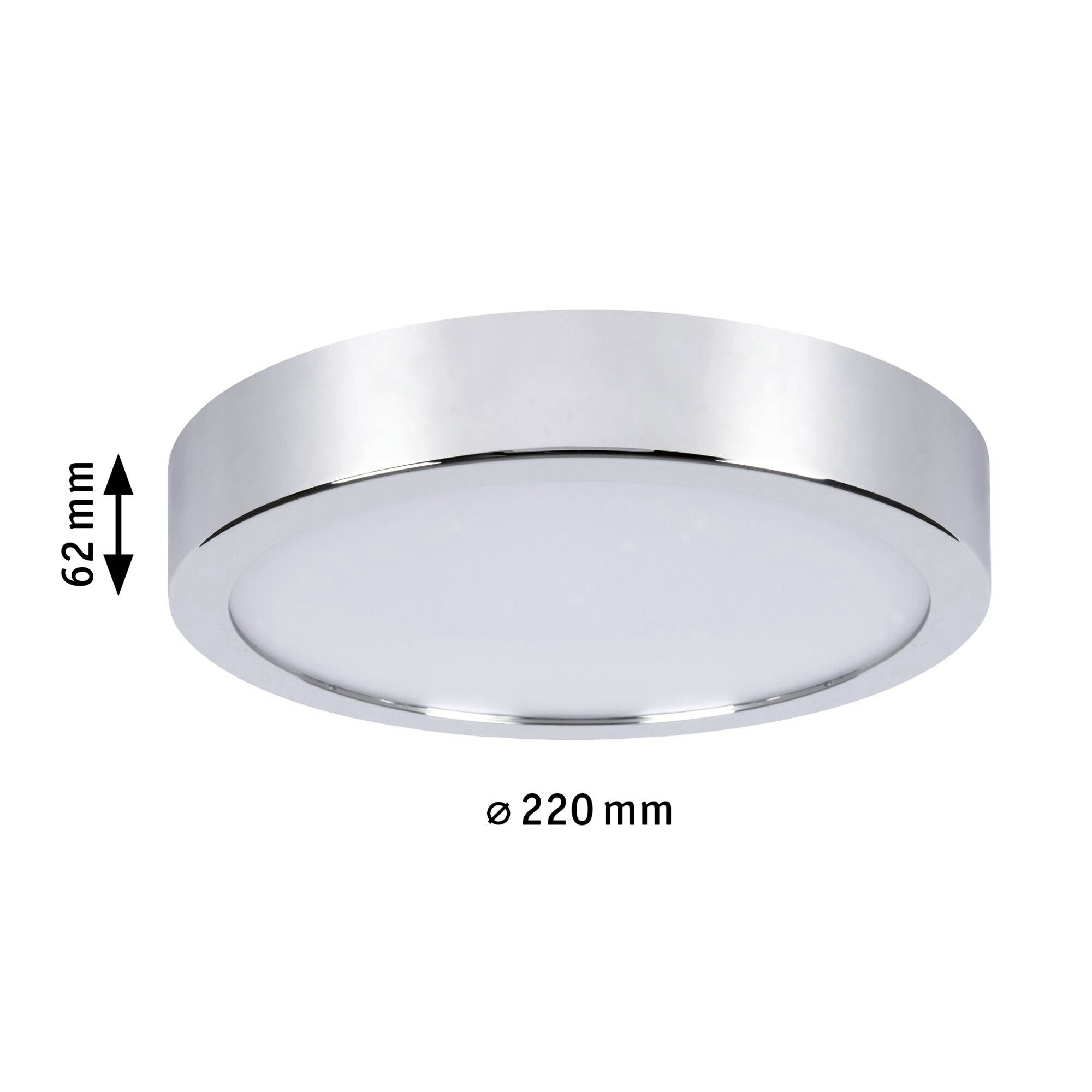 Okrugla srebrna stropna svjetiljka promjera 220 mm i visine 62 mm.