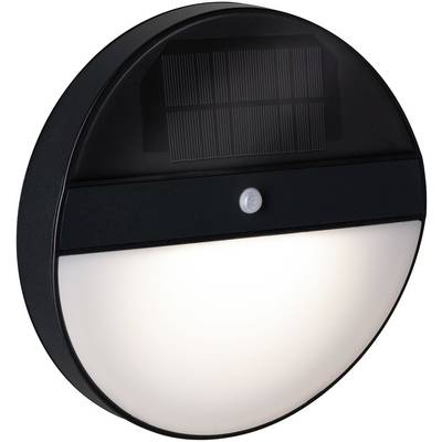 Okrugla solarna zidna lampa s integriranim senzorom pokreta i solarnim panelom na vrhu. Idealna za vanjsku rasvjetu.