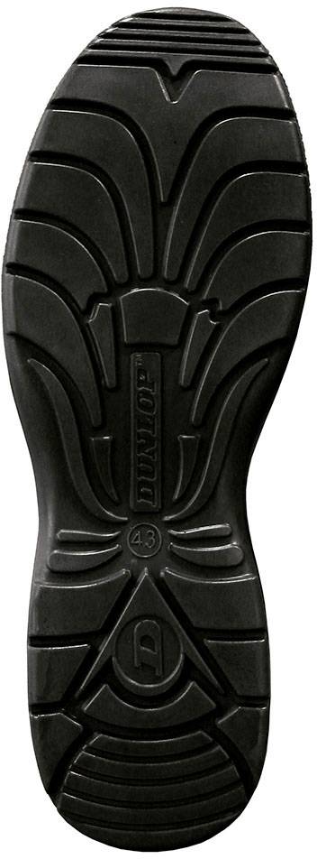 Crna potplat cipele s profilom otpornim na klizanje, prikazuje prepoznatljiv uzorak i logo proizvođača u sredini potplate.