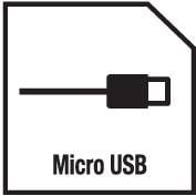 Simbol Micro USB priključka na crnoj pozadini s bijelim rubom. Tekst: 'Micro USB'.