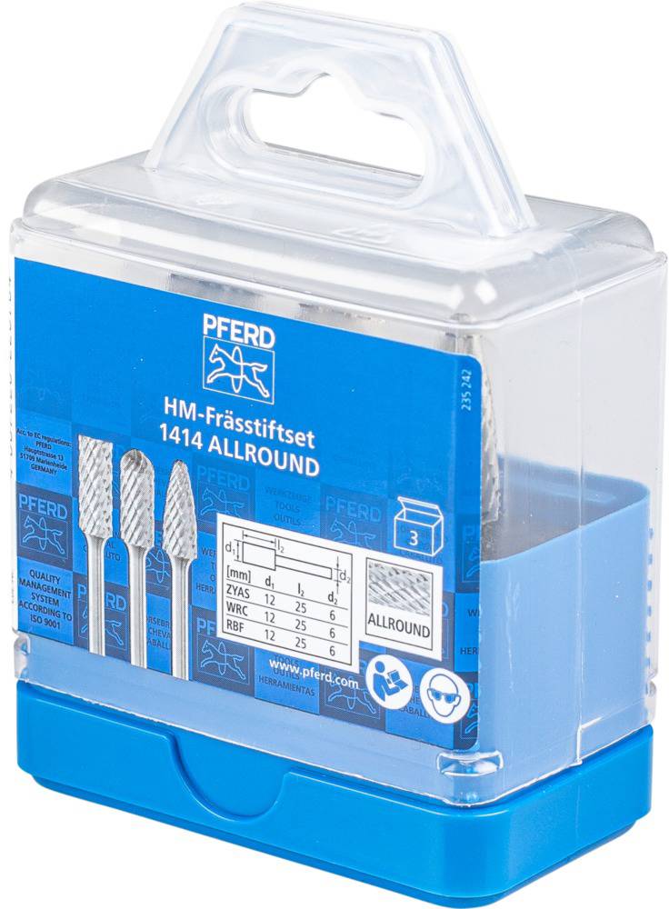 Plava plastična kutija s HM-setom glodnih svrdla. Ambalaža prikazuje grafike i specifikacije uključenih glodnih svrdla.