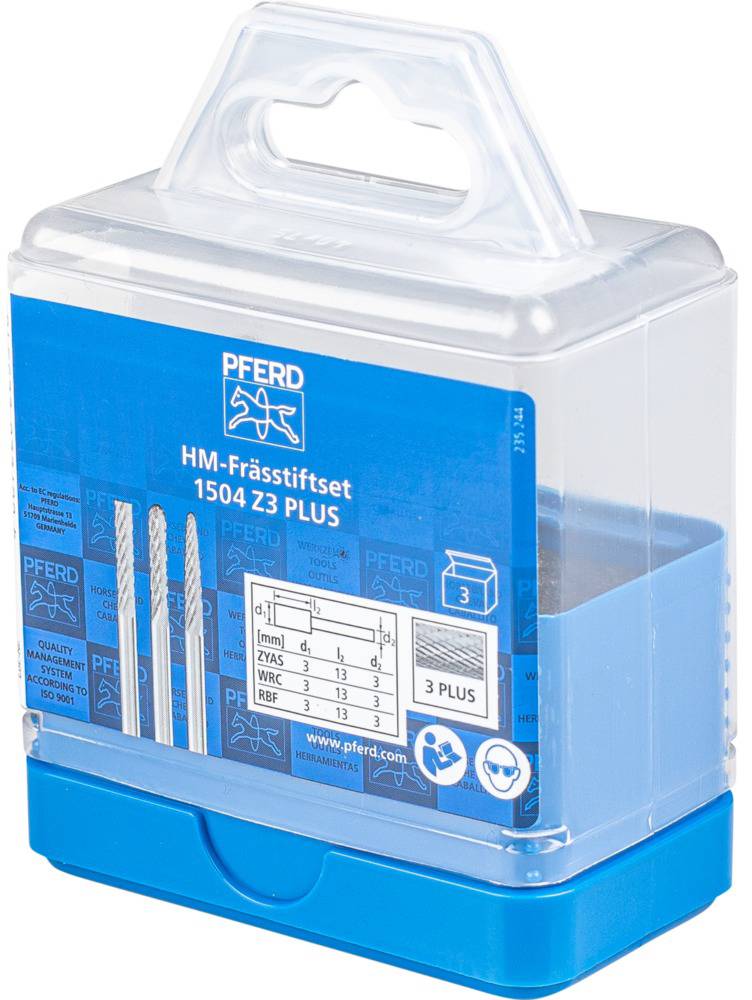 Setzbox sa tri HM glodajuće svrdla od PFERD-a, model 1504 Z3 PLUS. Sadrži tehničke specifikacije i podatke o veličini na pakiranju.