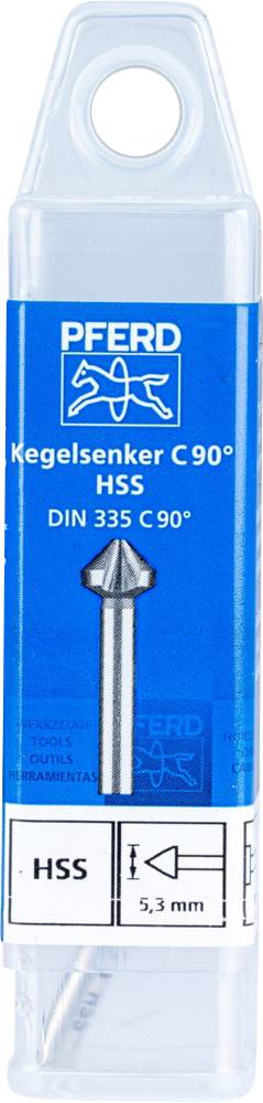 Pakiranje stožastog upuštača tvrtke PFERD, tip HSS, kut nagiba 90 stupnjeva, norma DIN 335 C, promjer 5,3 mm.