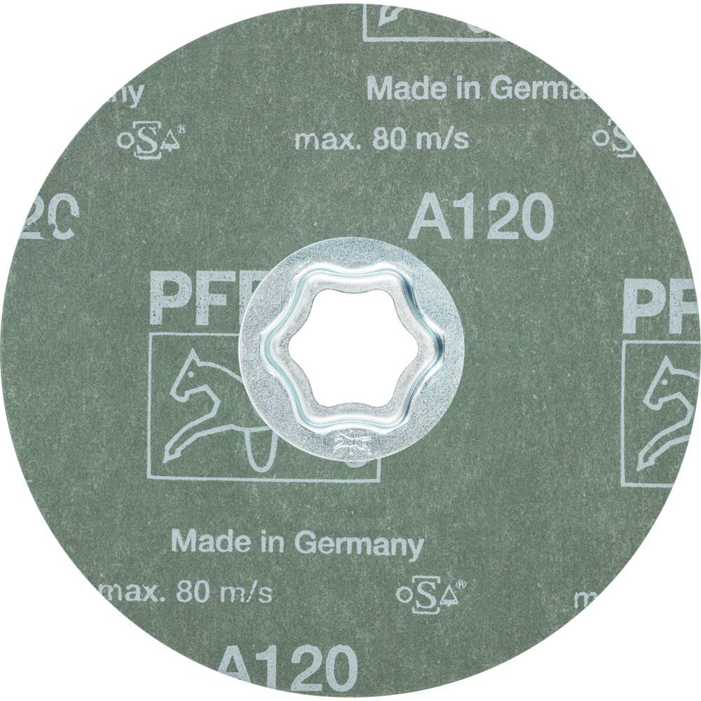 Zeleni brusni disk s bijelim metalnim prstenom u sredini. Vidljiv tekst 'Made in Germany' i 'max. 80 m/s'.