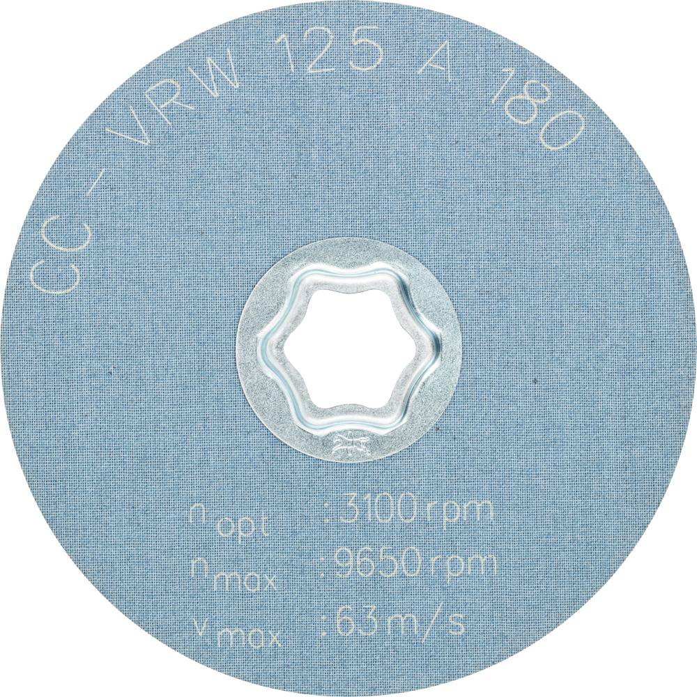'Brusna ploča s natpisom CC-VRW 125 A 180. Broj okretaja: n_opt 3100 o/min, n_max 9650 o/min, V_max 63 m/s.'