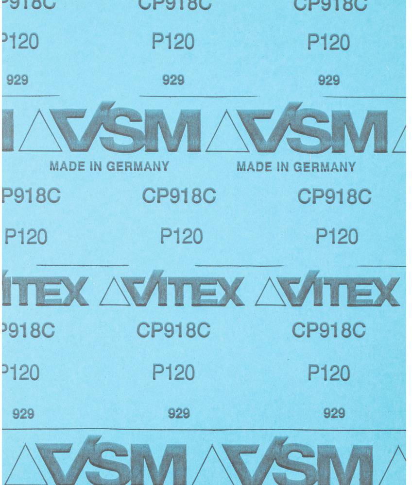 Plavi brusni papir s crnim tekstom: 'VSM', 'MADE IN GERMANY', 'CP918C', 'P120', 'VITEX', ponovljeno na cijelom papiru.