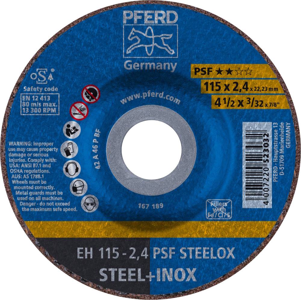 Brusni disk, marka 'Pferd', model 'PSF Steelox'. Pogodan za čelik i inox. Promjer 115 x 22,23 mm. Maksimalni broj okretaja: 13.300 o/min.